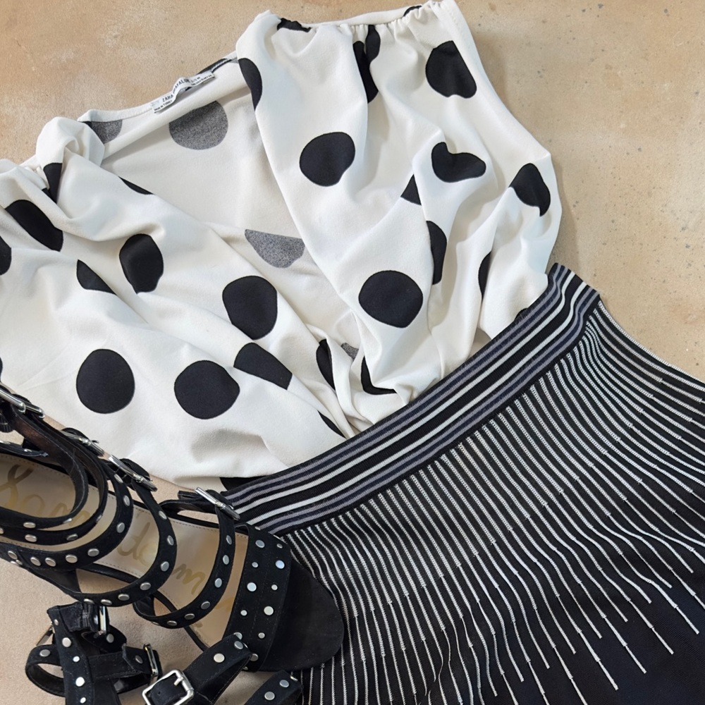 Zara Ivory Bold Black Polka Dot Faux Wrap Stretch Bodysuit [Flawed] -Sz S